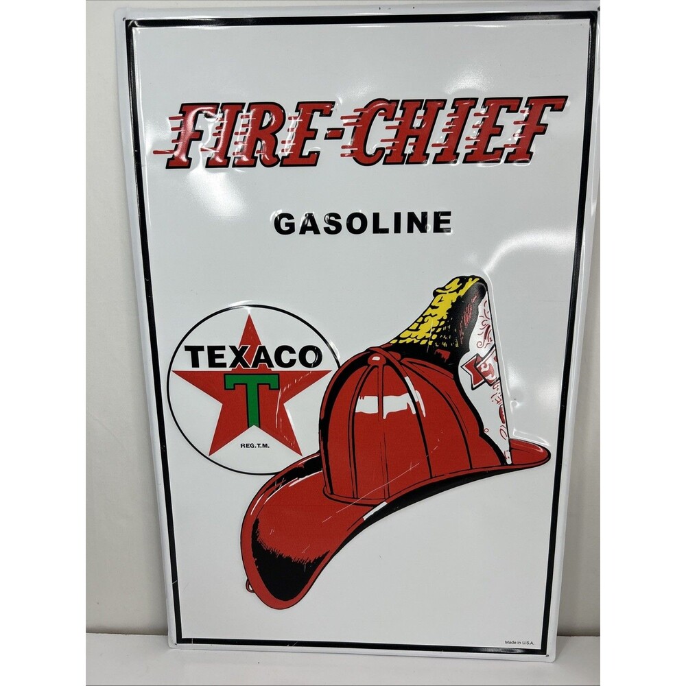 Texaco Fire Chief Gasoline Metal Tin Sign Baked Oil Gas Pump Plate 17 X 26” Ad